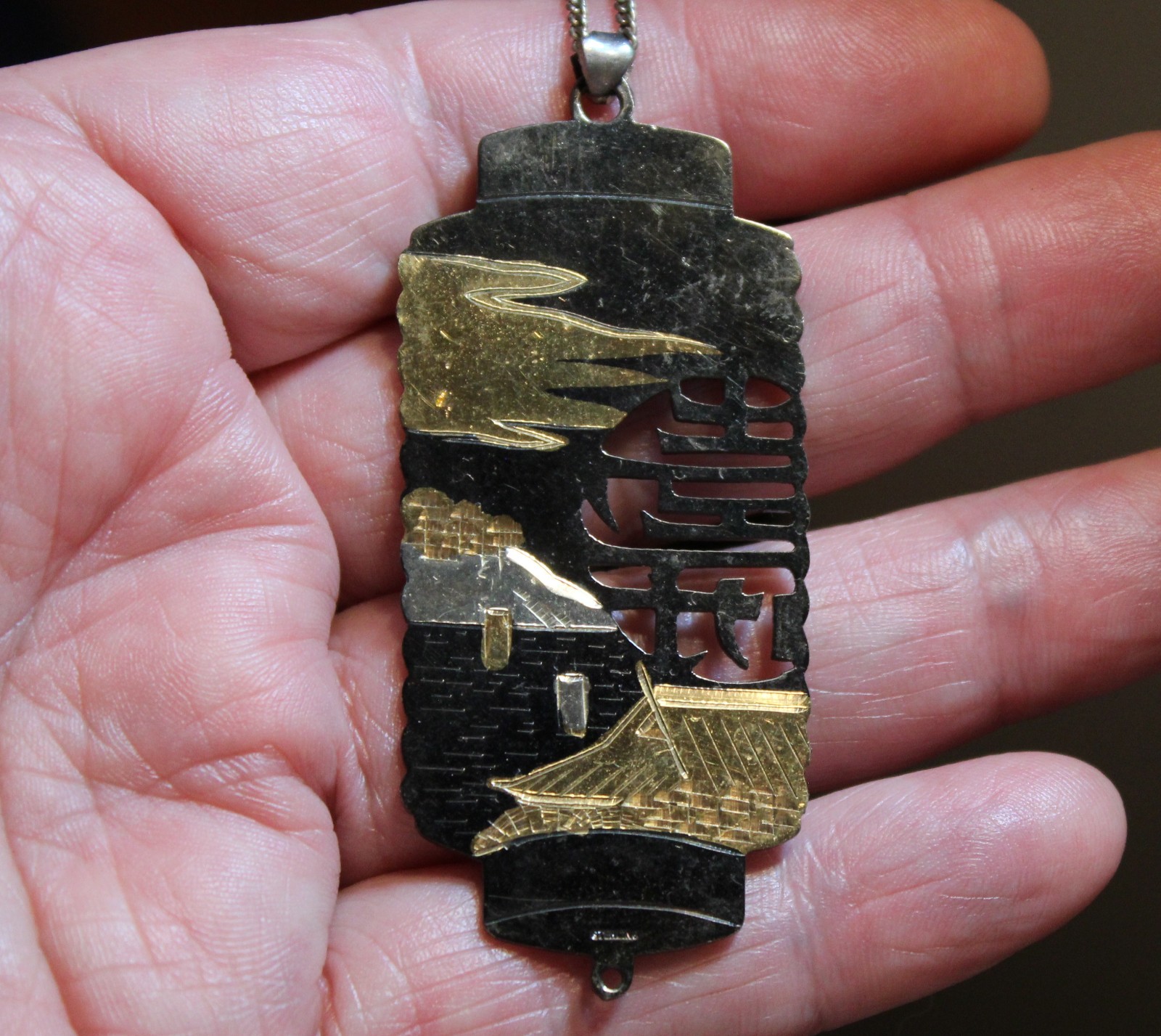 Old Japanese Damascene Sterling Silver & Gold Necklace Landscapes Houses 2 Sided