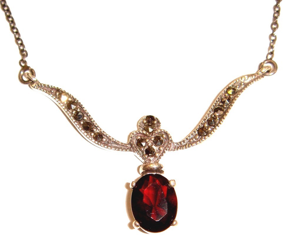 GARNET NECKLACE: Marcasite Garnet Stone .925 STERLING SILVER (15-inch)