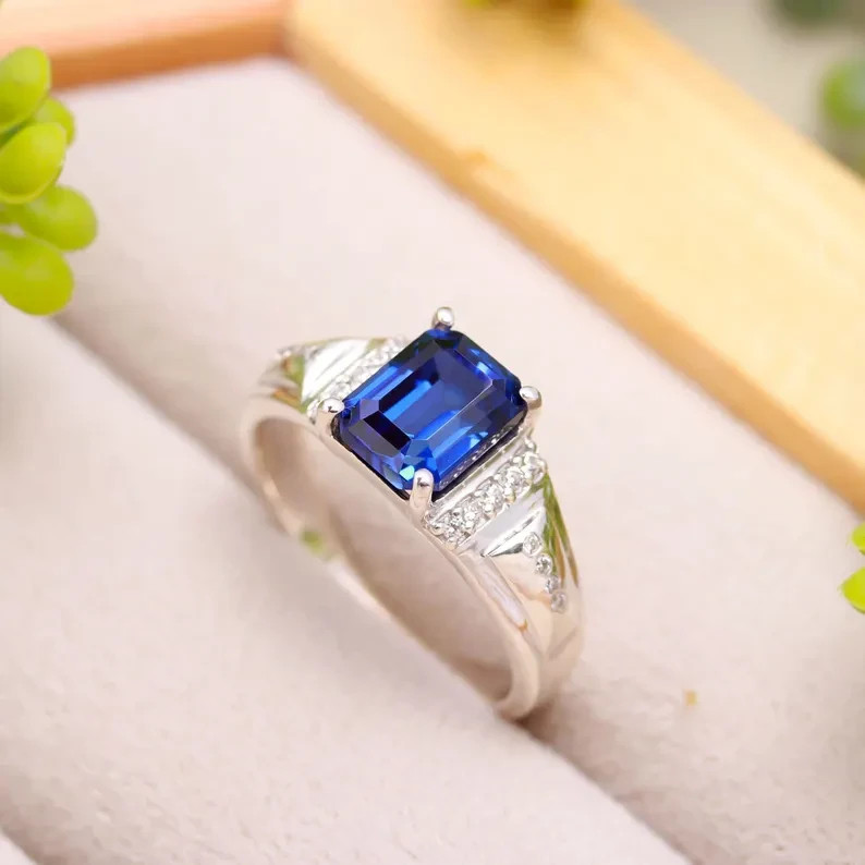Solid 925 Sterling Silver Sapphire Engagement Ring for Men September Gift