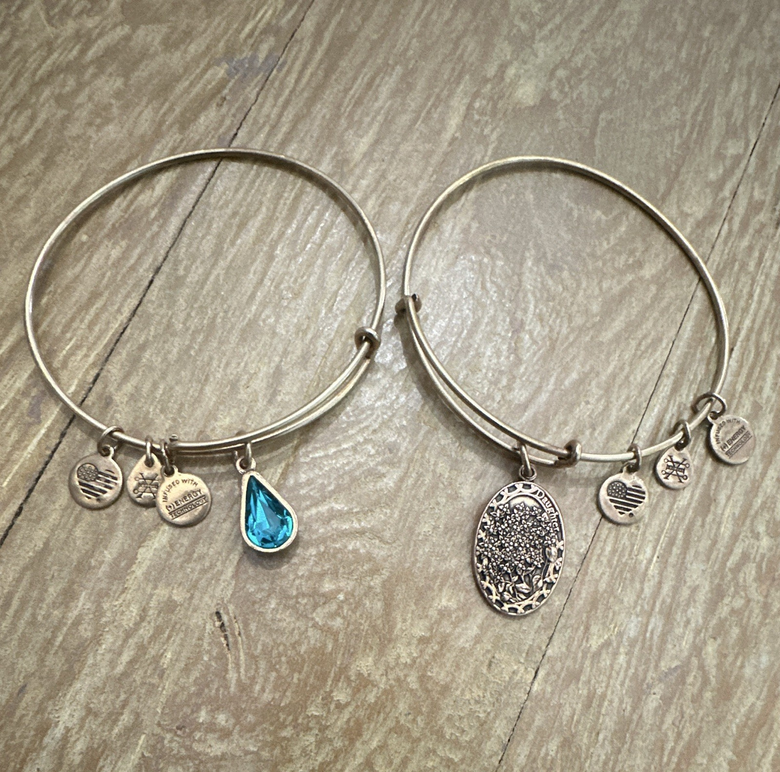 ALEX AND ANI Lot of 2 Adjustable Wire Bangle Dangle Blue Crystal Daughter