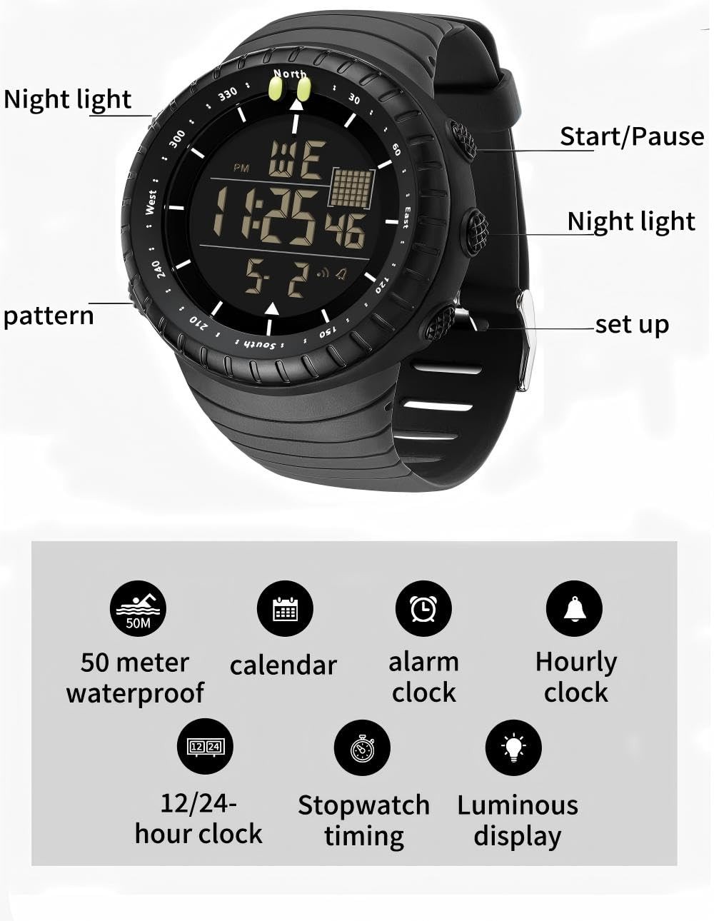 50mm Digital Sports Watch Waterproof Dual Time Alarm Chronograph Backlight Black