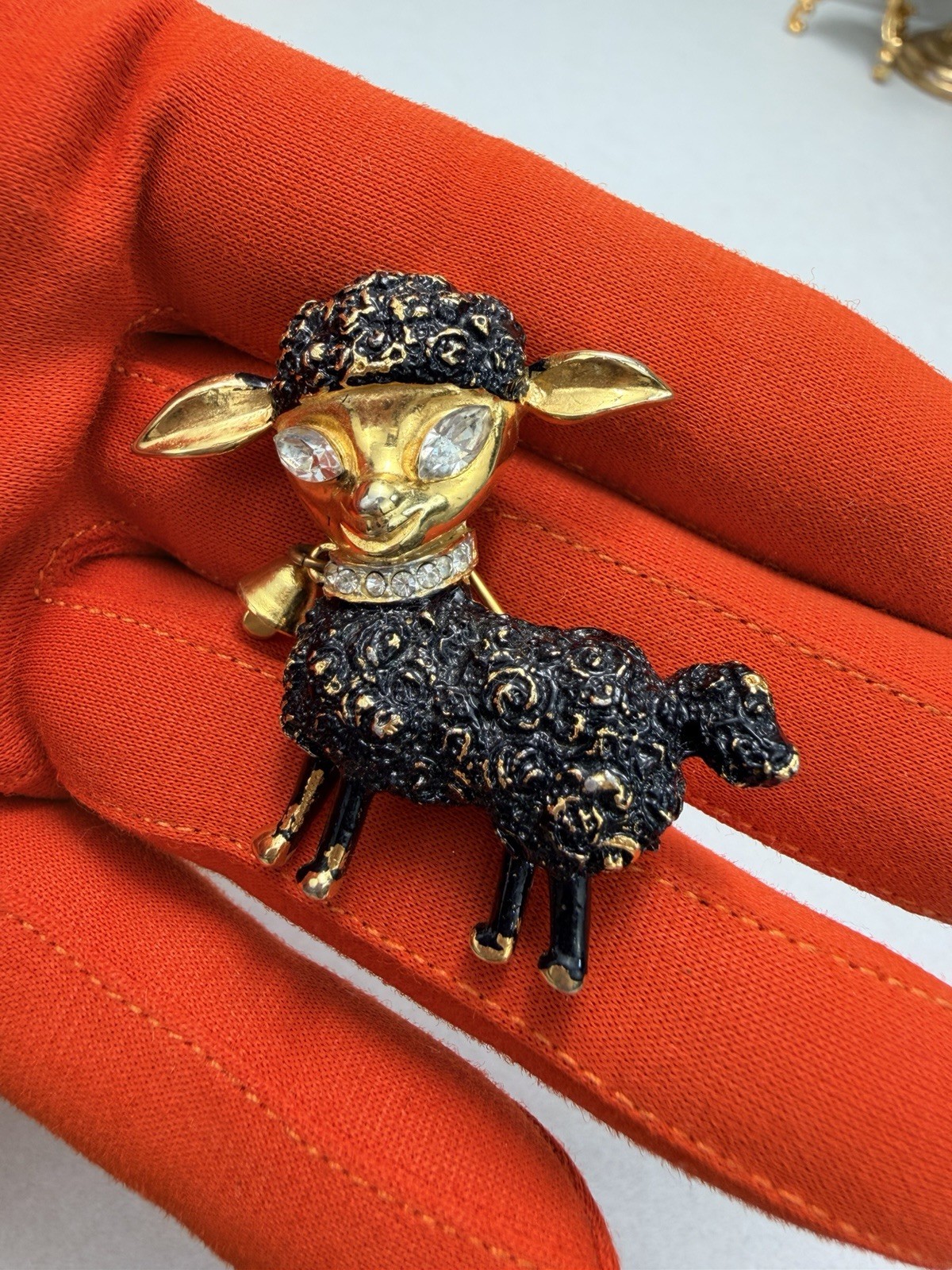 Vintage Robert Mandle Black Lamb Bell Brooch Gold Tone Rhinestone Eyes