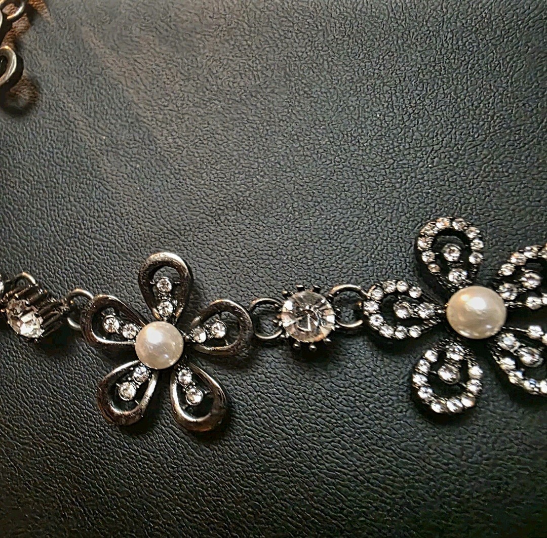 Black, Gun Metal, Faux Pearls And Rhinestone Flower Necklace