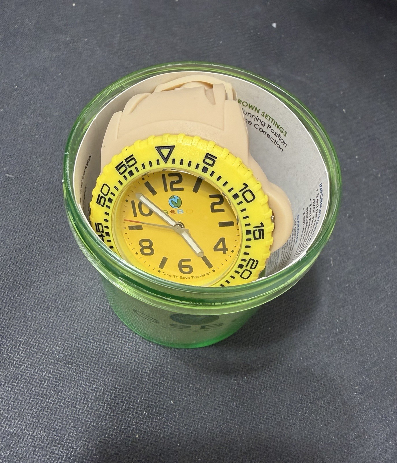GEBO Time To Save The Earth Watch – Yellow Dial Beige Strap – Old Stock