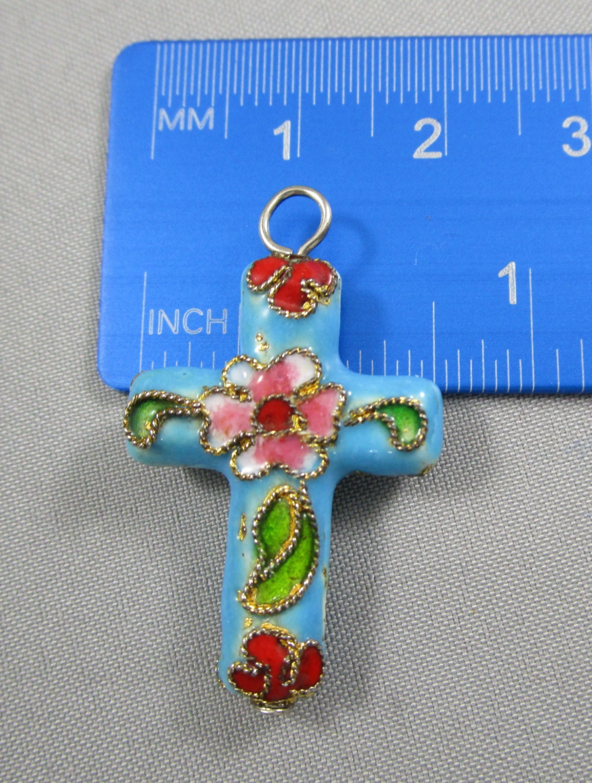 Vintage Cloisonne Blue Red Green Floral Enamel CROSS Pendant for Necklace 1046