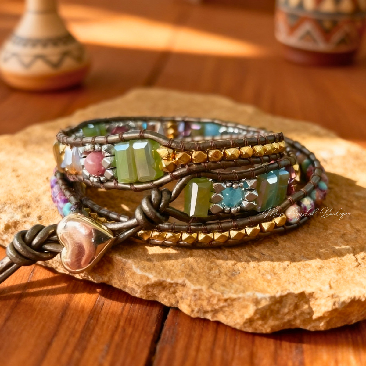 Natural Jasper Stone Beaded Leather Wrap Bracelet Healing Handmade Jewelry Gift