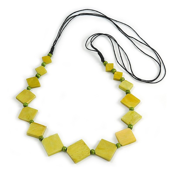 Lime Green Square Bone Bead Black Cotton Cord Long Necklace – 82cm L