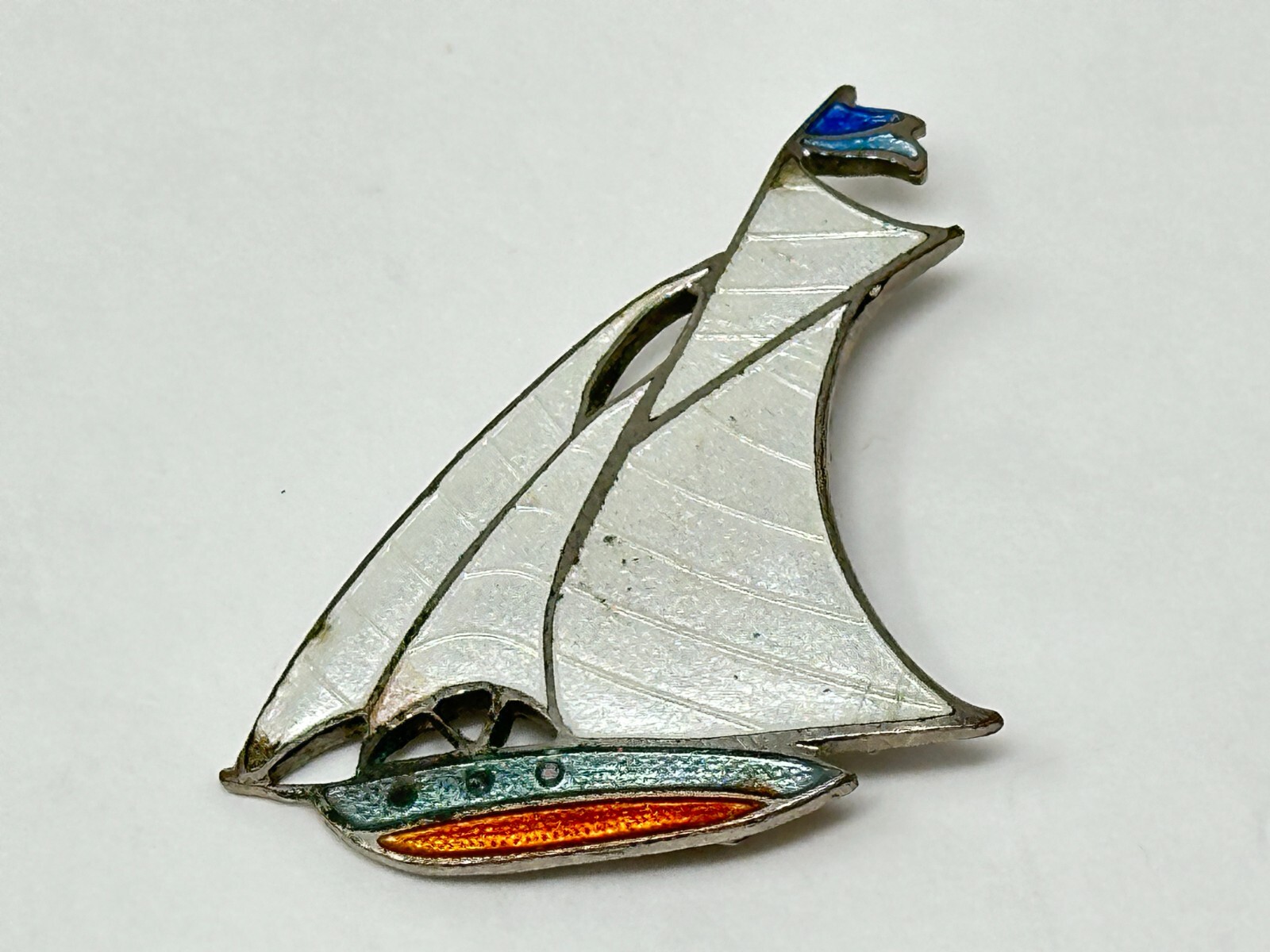 Vintage Silvertone White Orange Blue Enamel Sailboat Boat Pin