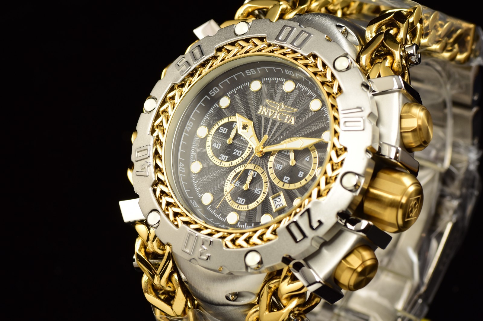 Invicta Men’s Gladiator Black Dial Chronograph Date Steel Gold Watch