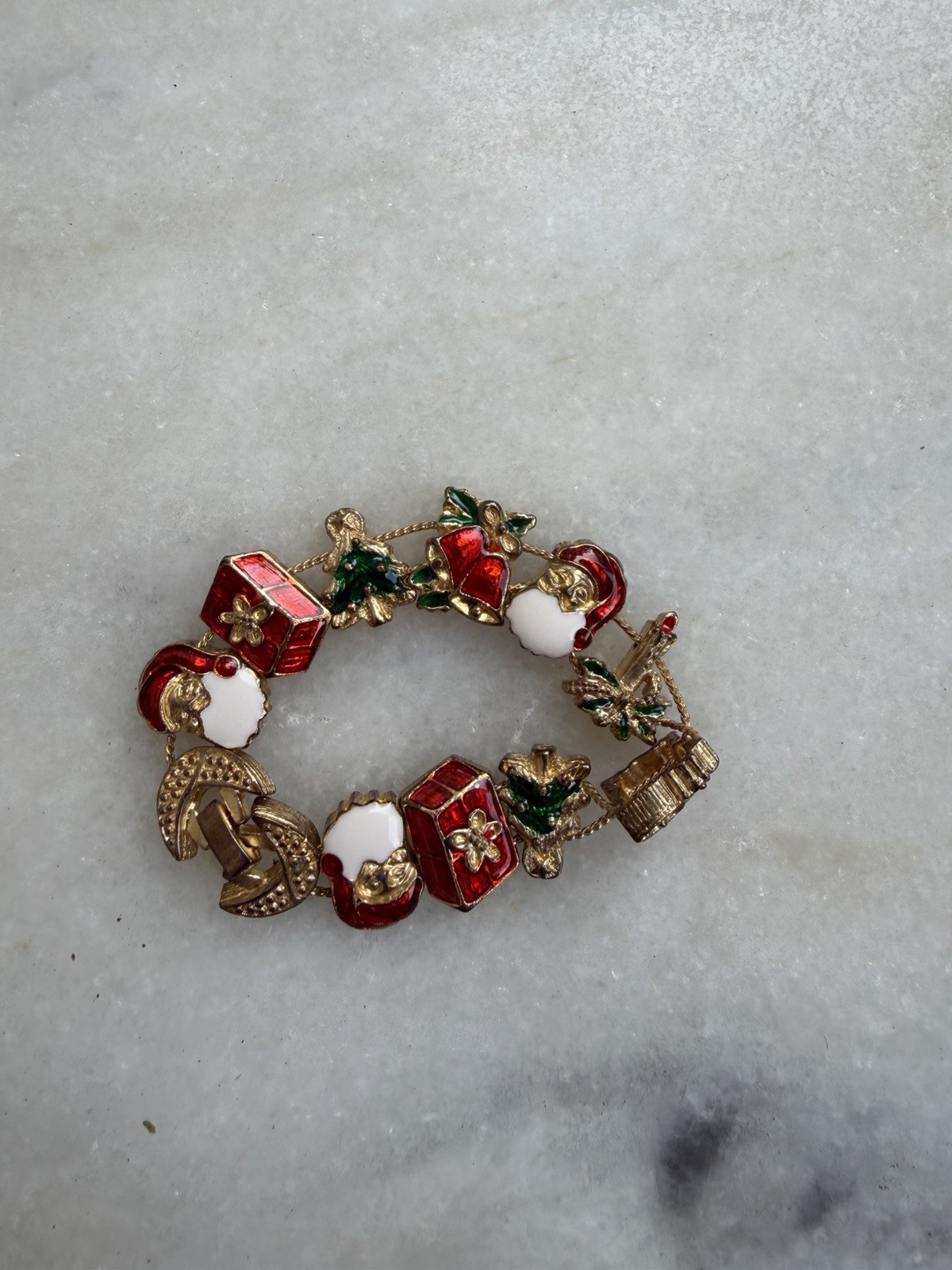 Gold Tone Enamel Christmas Holiday Charm Bracelet Red Green White Box Clasp