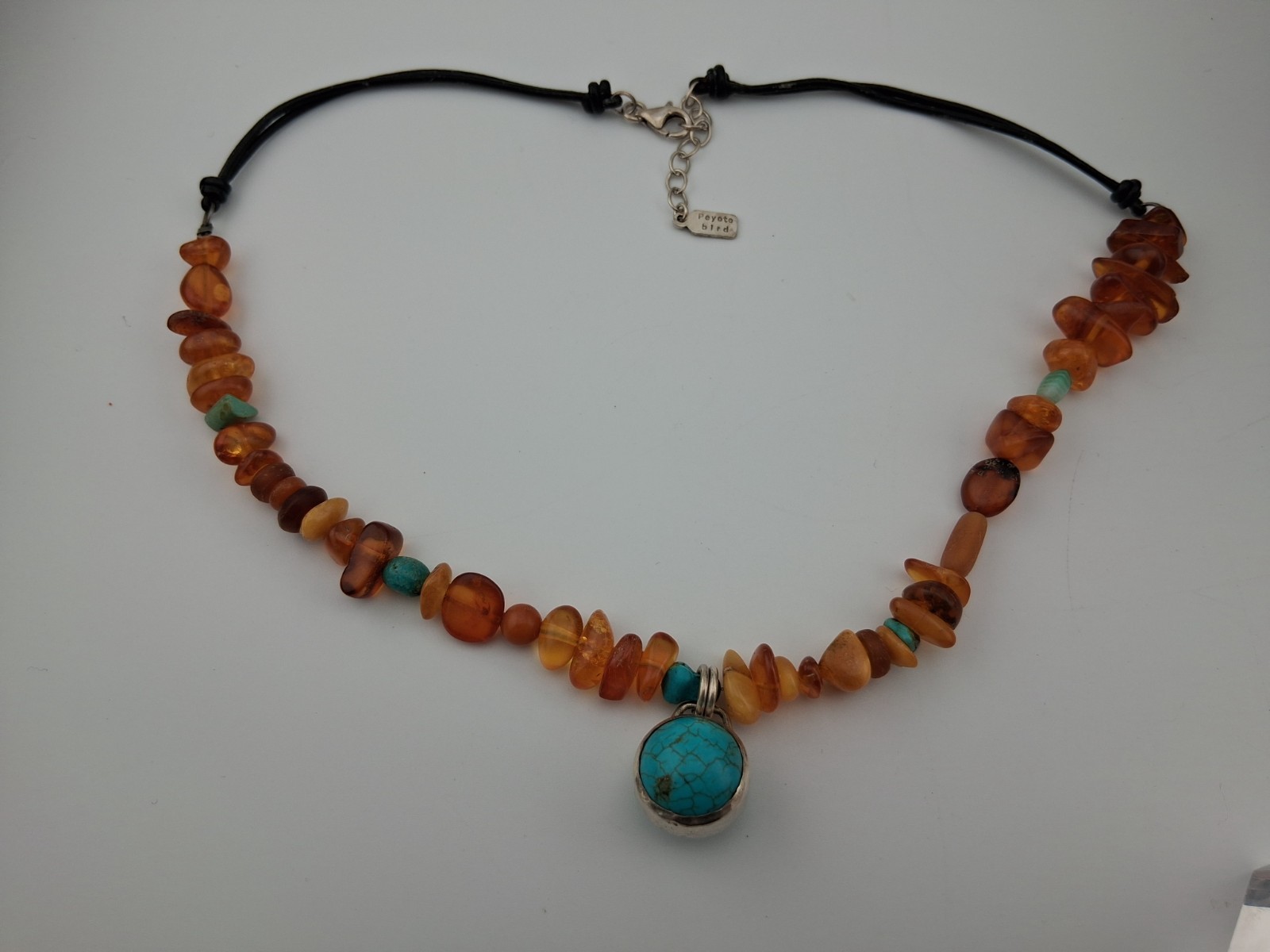Signed Peyote Bird Sterling Silver Amber Turquoise Bead Necklace 17.5″-19″