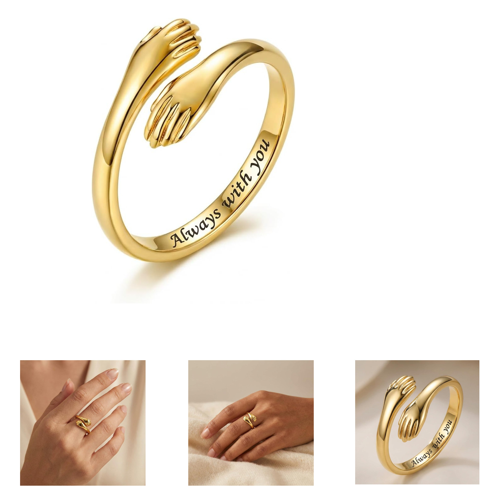 Women’s Adjustable Gold Plated Hug Ring Engraved Open Band Jewelry Sentimental
