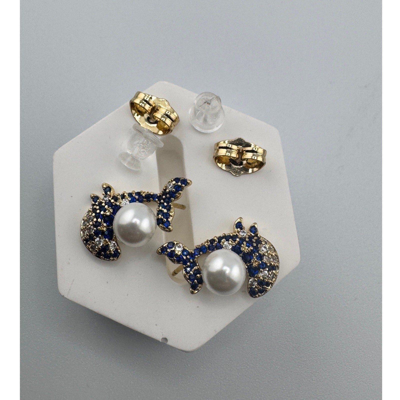 14k Gold Plated Dolphin Pearl Stud Earrings Blue Clear Crystal Nautical Jewelry