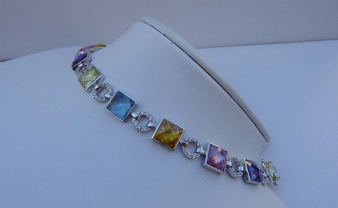 STERLING SILVER BRACELET 28ct MULTI-COLOR GEMSTONES/ LAB CREATED DIAMOND/ 7.5”