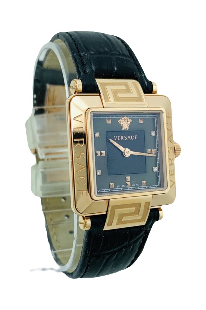 Versace Women’s 88Q80SD008S009 Rêve Carré Diamonds Black Leather Strap Watch 88Q
