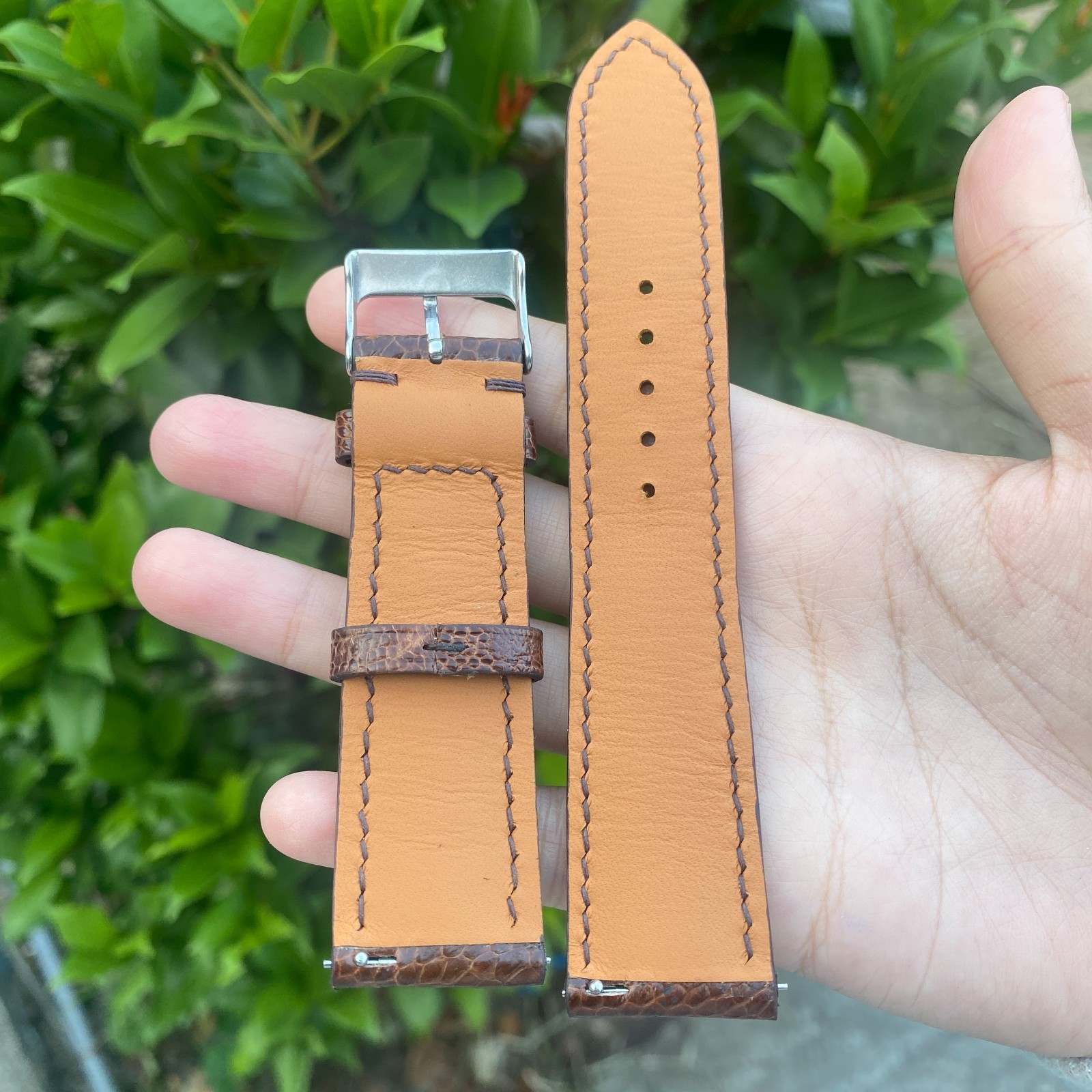 Dark Brown Ostrich Leather Watch Band Customized Watch Strap Silver Buckle