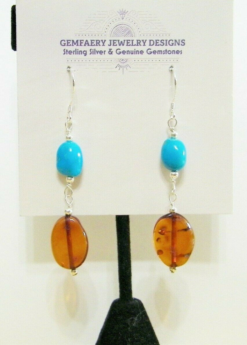 Sterling Silver ROYSTON TURQUOISE & BALTIC AMBER Dangle Earrings…Handmade USA