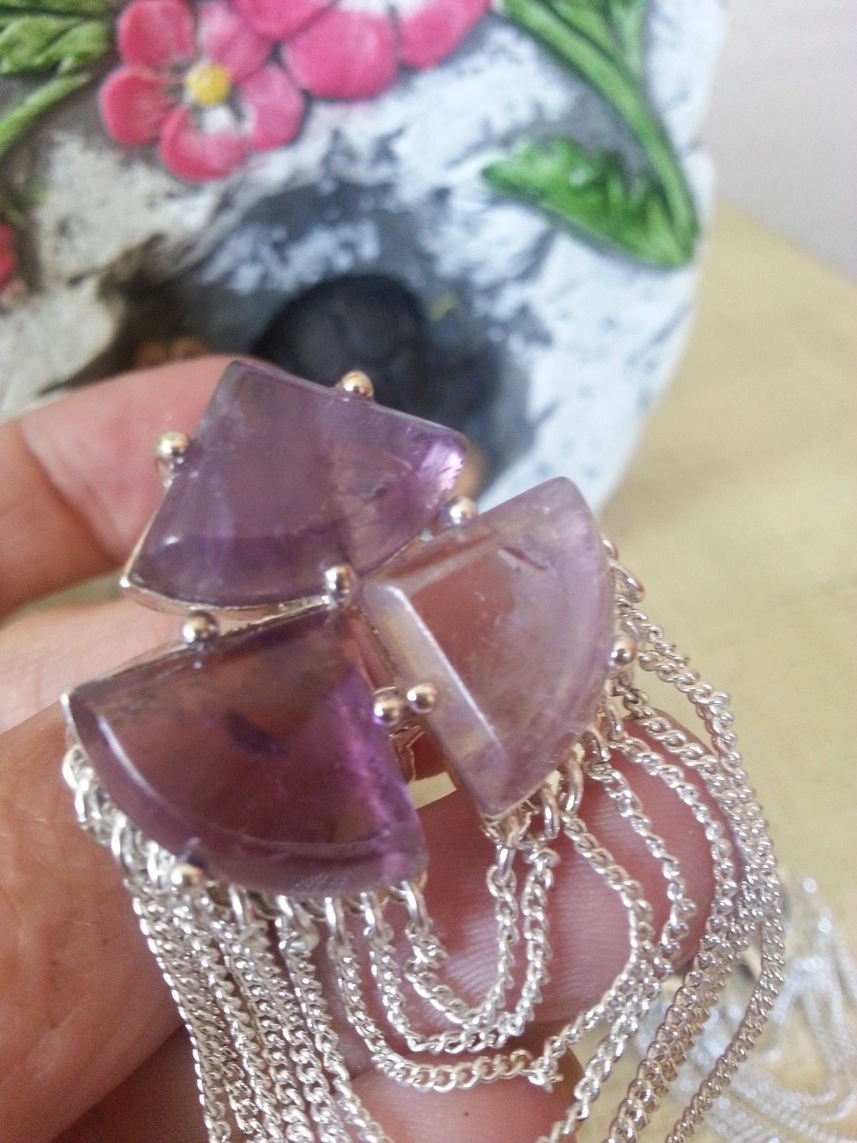 Monet Silver Plated Chain Swag & Three Triangle Amethyst Stones Pierced E’rings