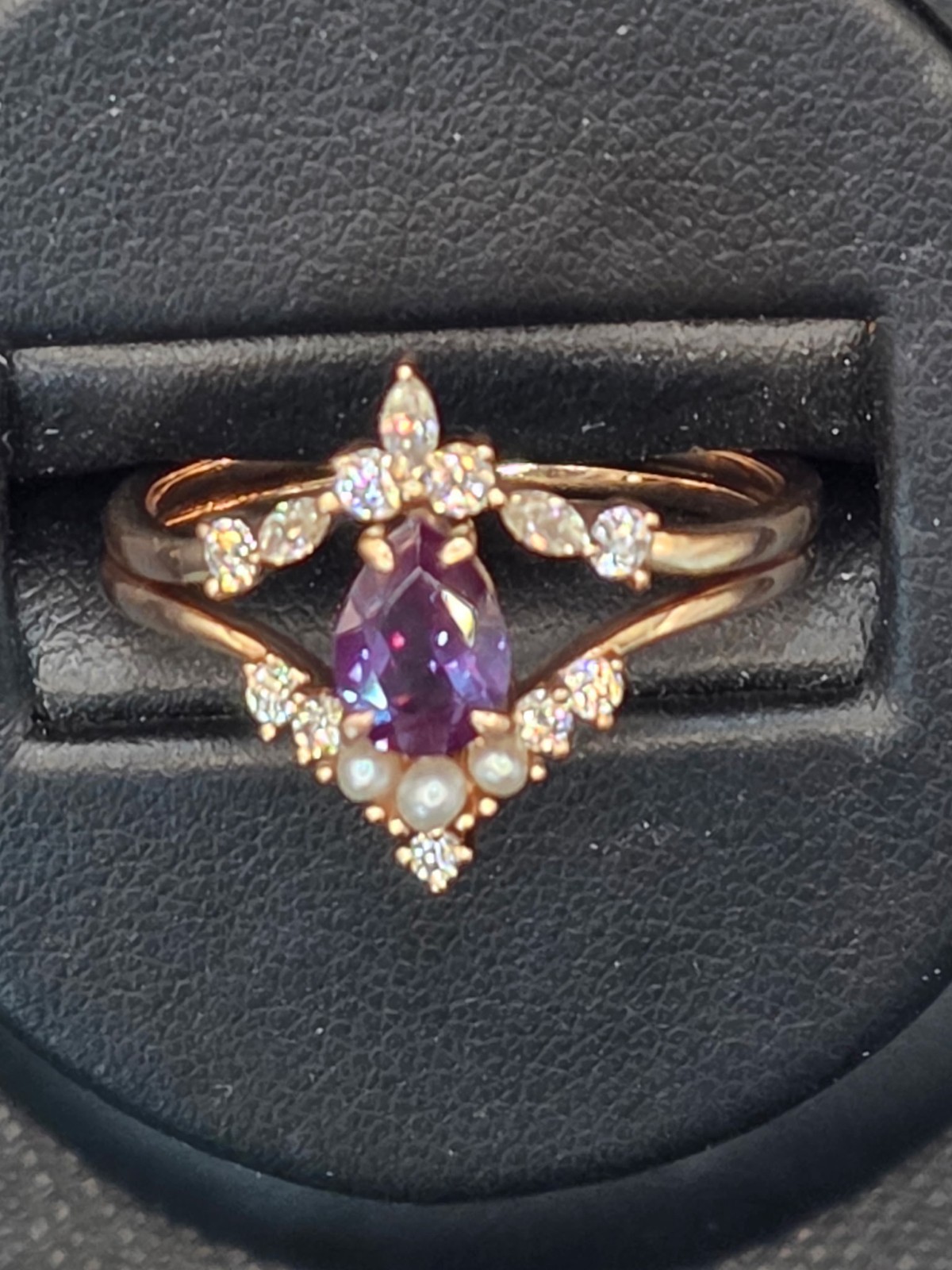 10k Rose Gold Pear Purple Alexandrite Ring w/ Pearl Accents Size 9