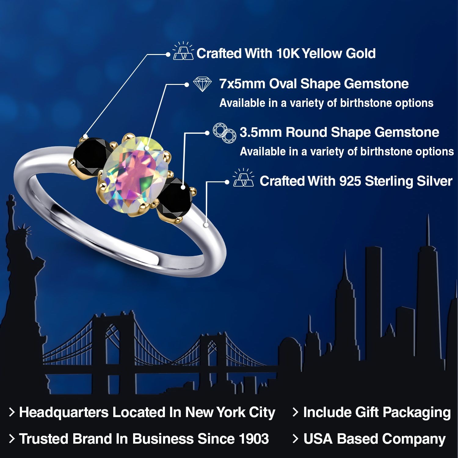 925 Silver and 10K Yellow Gold Mercury Mist Mystic Topaz and Black Diamond