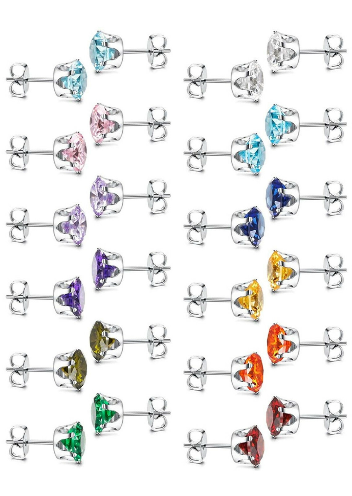 CZ Birthstone Stud Earrings, 3/4/5/6/7/8mm, Hypoallergenic Stainless Steel 316L