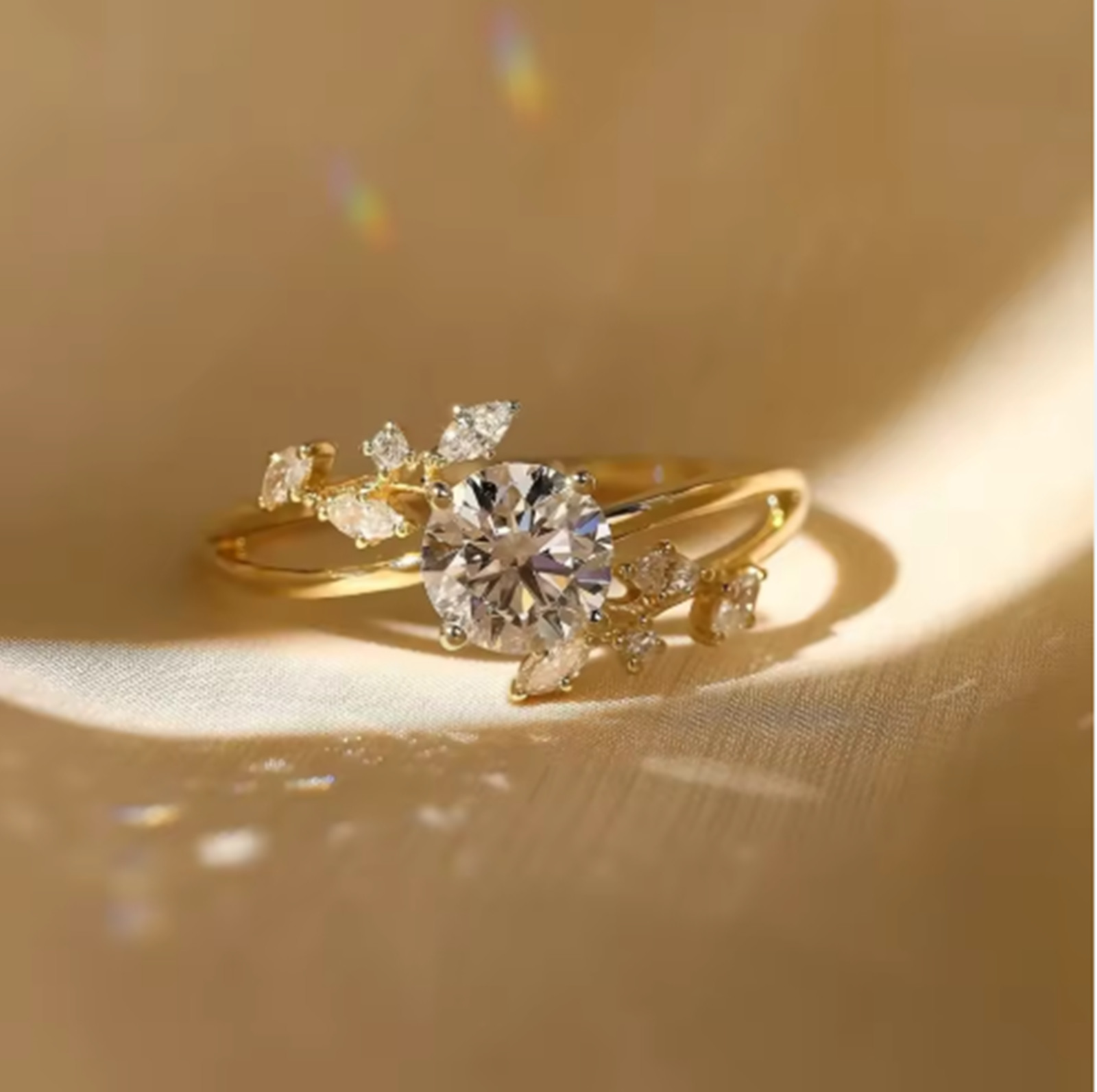 Dainty Sapphire Engagement Ring 14K Gold Plated Floral Leaf Ring Jewelry Gift