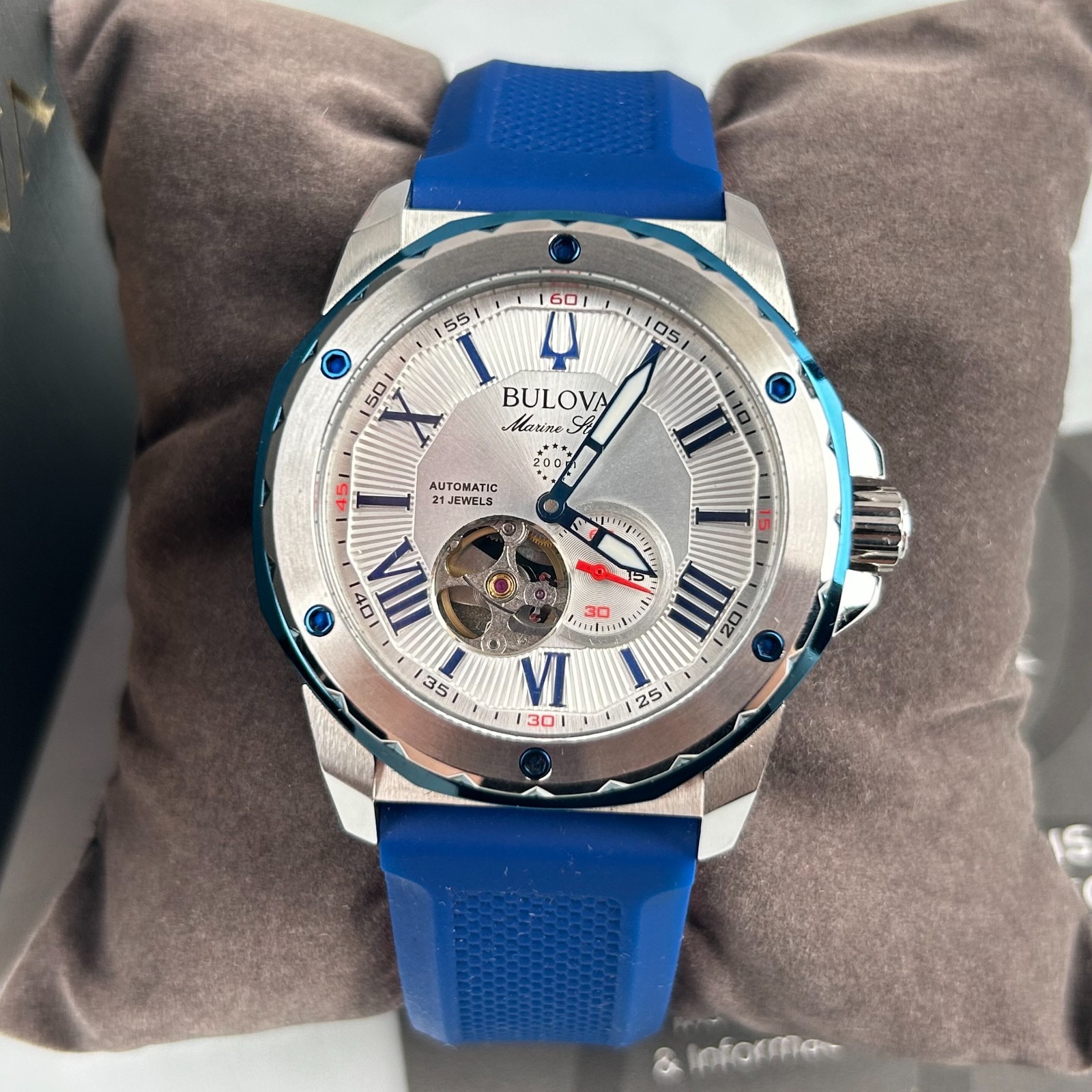 Bulova Marine Star 98A225 White Dial Blue Rubber Strap Men Automatic Watch 45MM