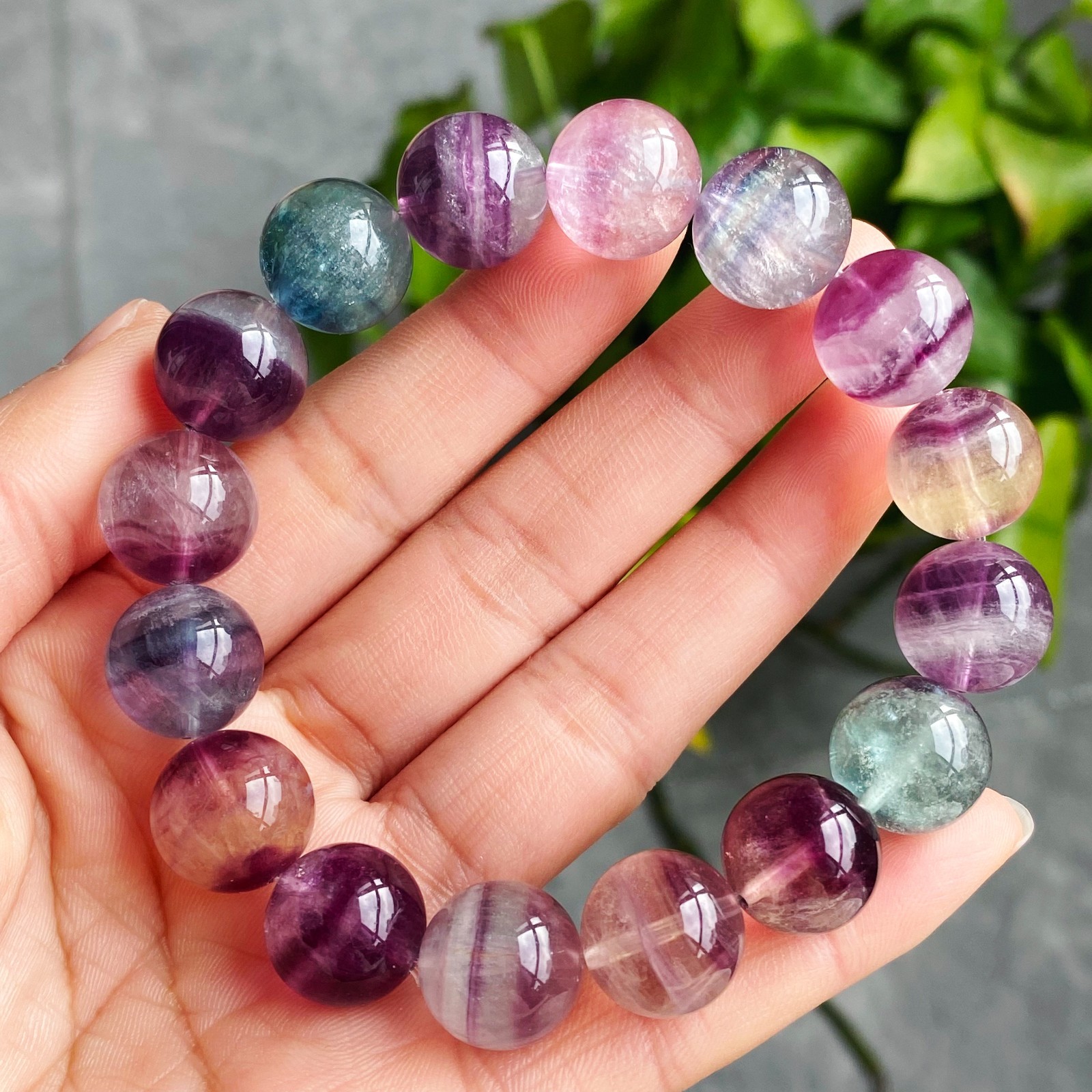 13.7mm Natural Color Fluorite Quartz Crystal Gemstone Beads Bracelet 2889