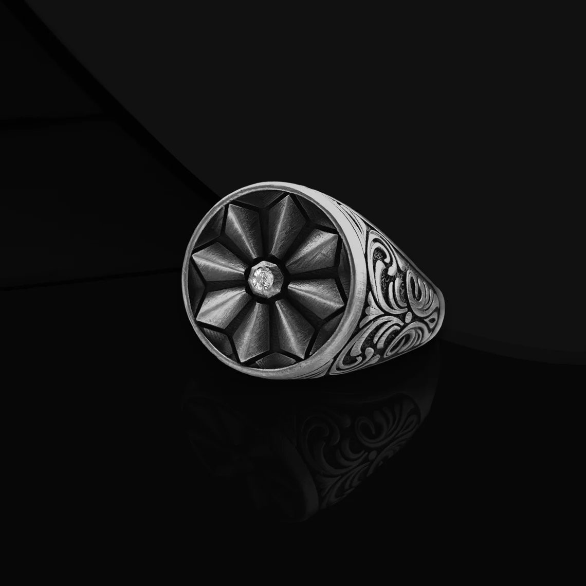 Geometric Flower Signet Ring 925 Sterling Silver Oxidized Ring Duty Free