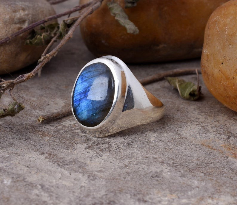 Solid 925 Sterling Silver AA Natural Blue Labradorite Oval Men’s Unisex Ring