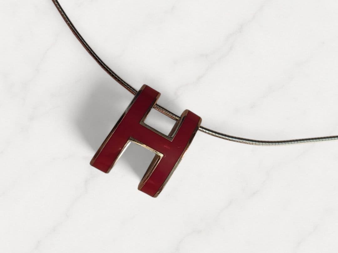 HERMES H Logo Necklace Red Silver 925 Vintage Authentic From Japan