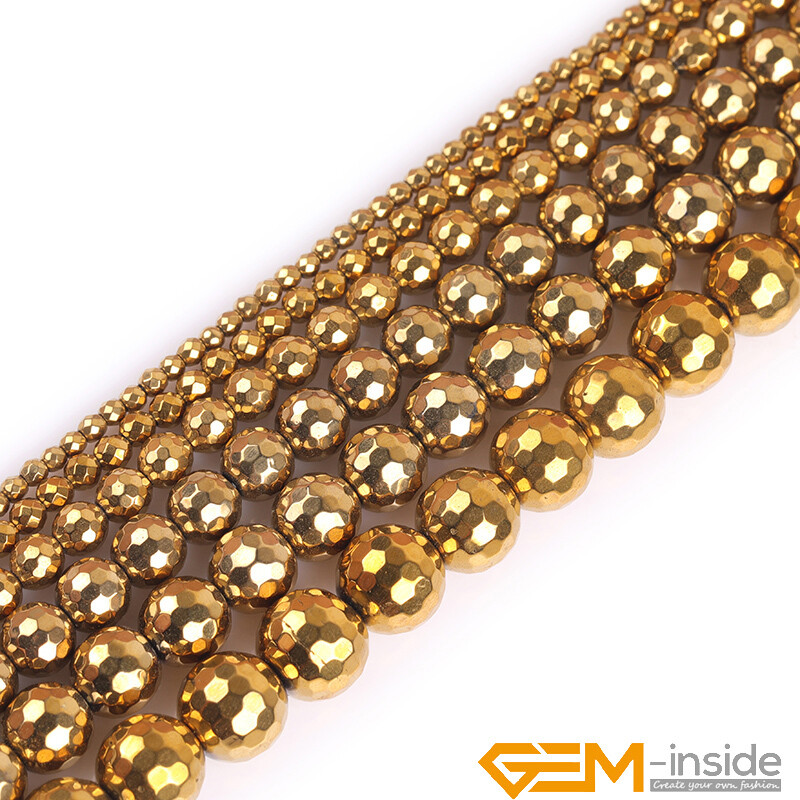 Gold Hematite Metallic Coated Reflections Faceted Round Beads Jewelry Making 15″