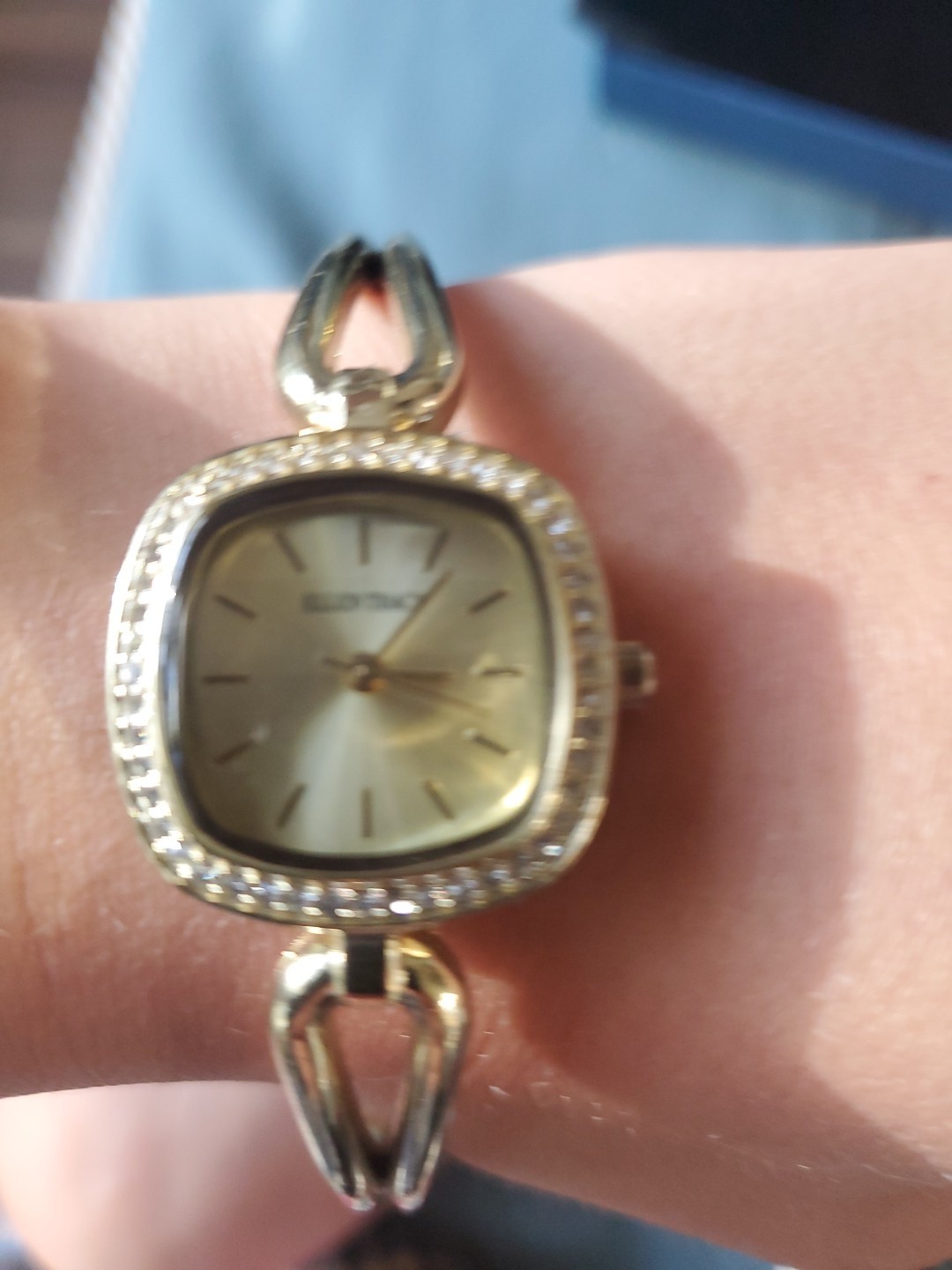 Ellen Tracy Watch Women 24mm Crystal Gold Tone Square HInged Bracelet 6.75″