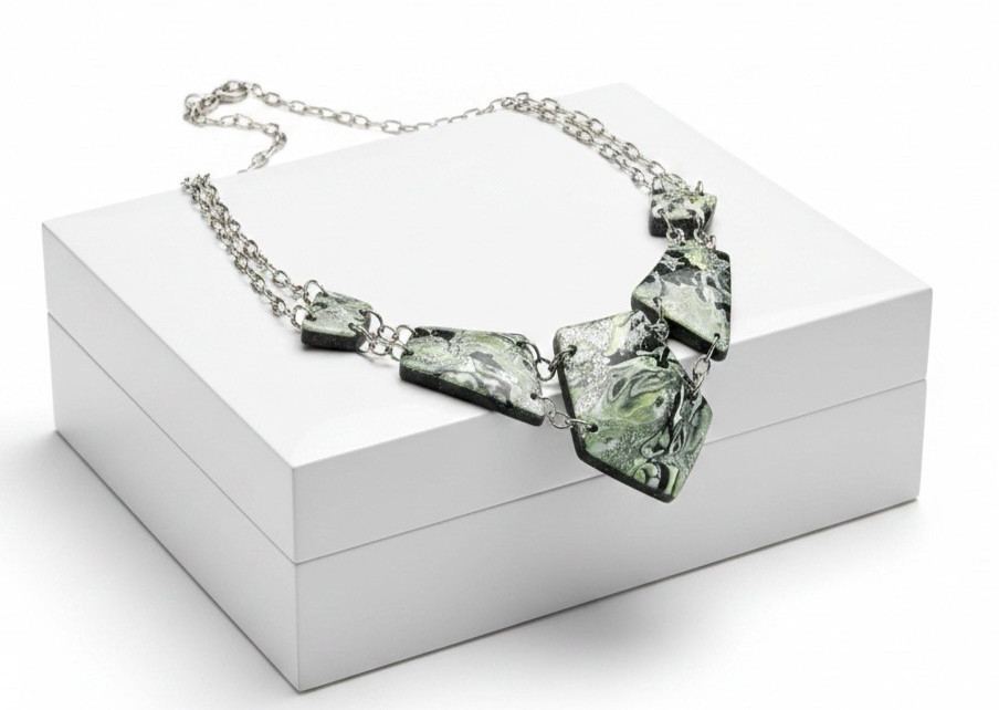 Green Black Silver Choker Style Handmade Polymer Clay Large Necklace SS Chain