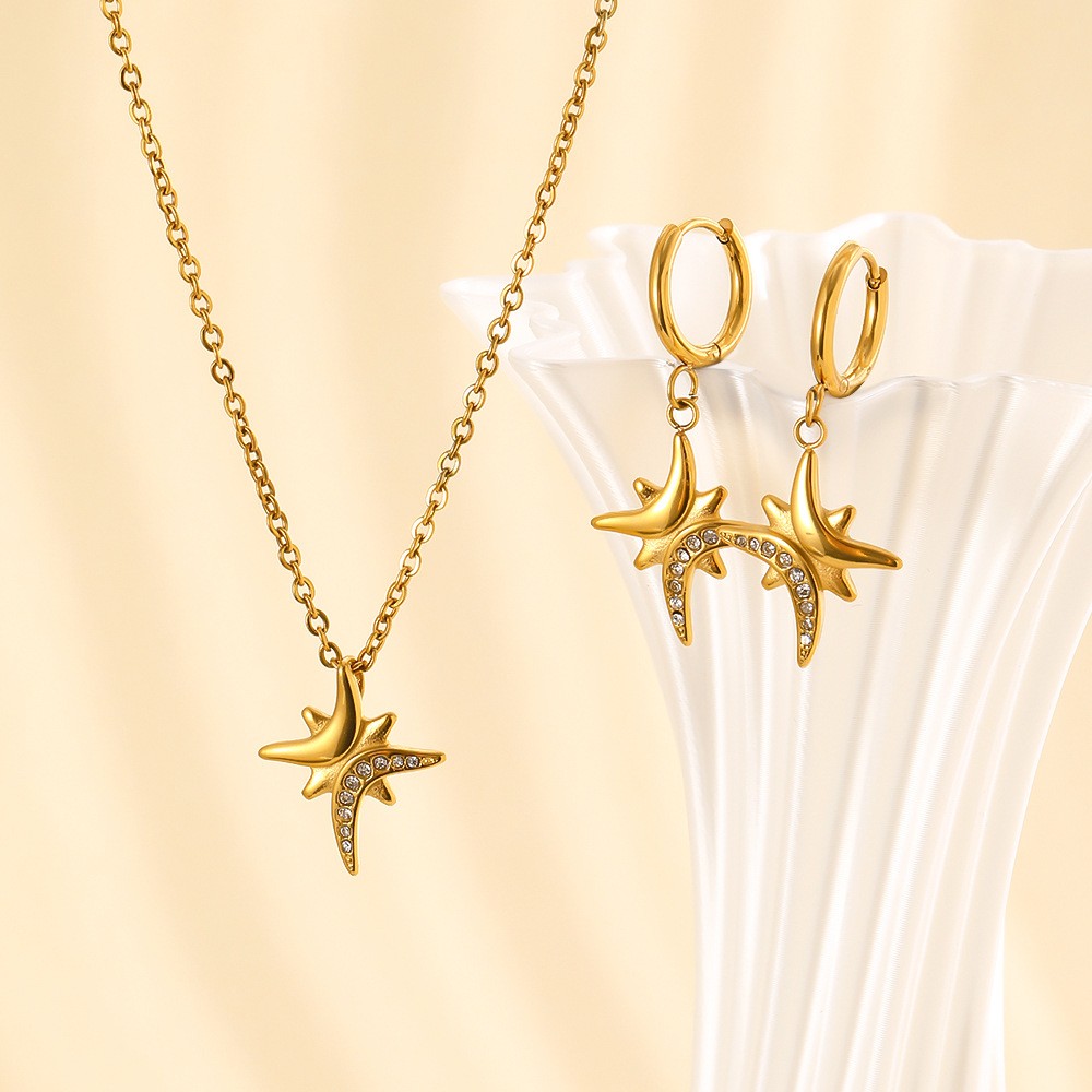 18K Gold Plated Stainless Steel Eight Pointed Star Cubic Zirconia Jewelry Set