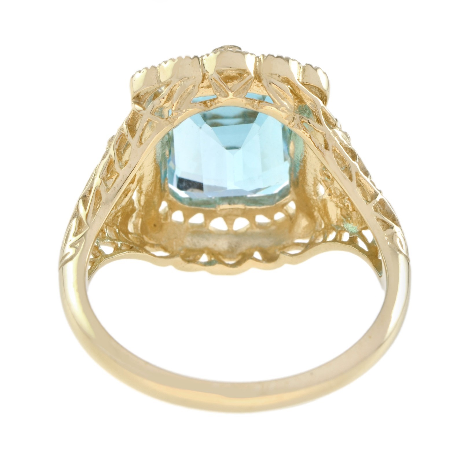 9K Yellow Gold Solid Blue Topaz Edwardian Style Filigree Cocktail Ring