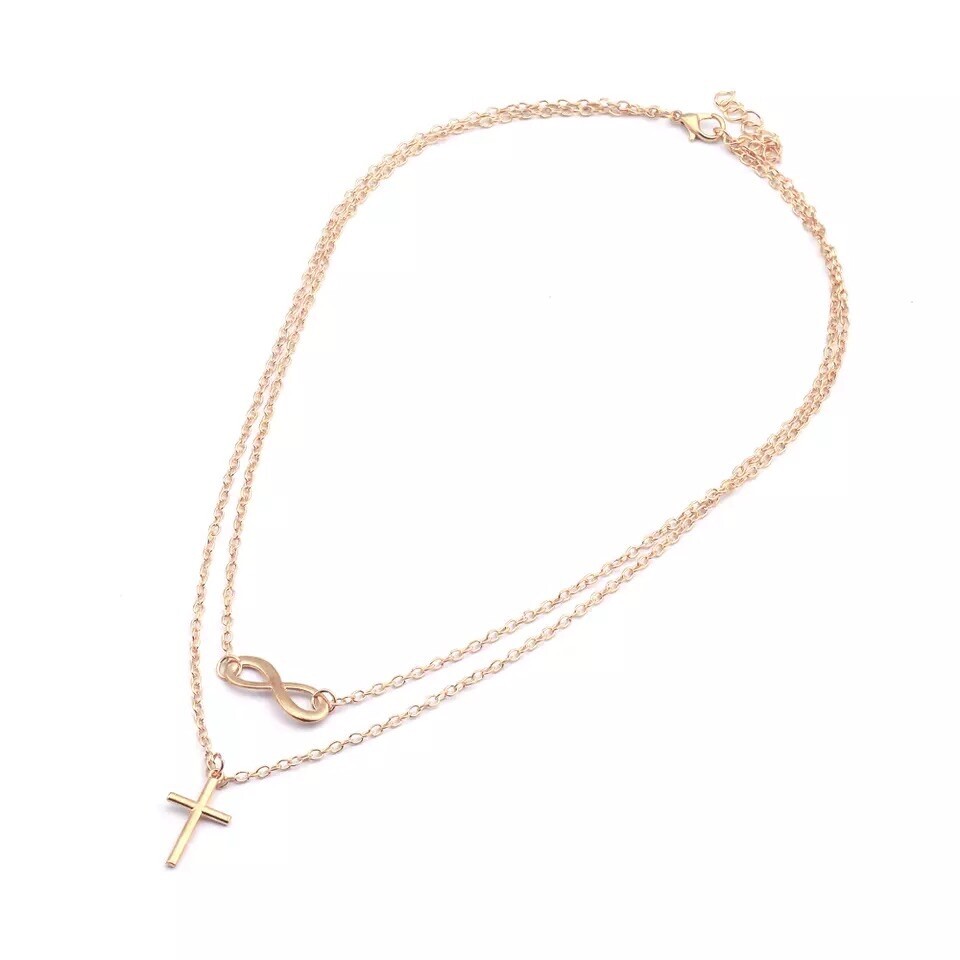 Women Infinity Cross Double Layered Pendant Necklace Silver or Gold Plated N52