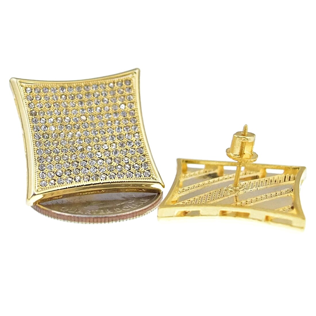 Men’s Huge 25MM Hip Hop Kite Earrings Micro Pave 13 Rows Gold Plated Screw Back