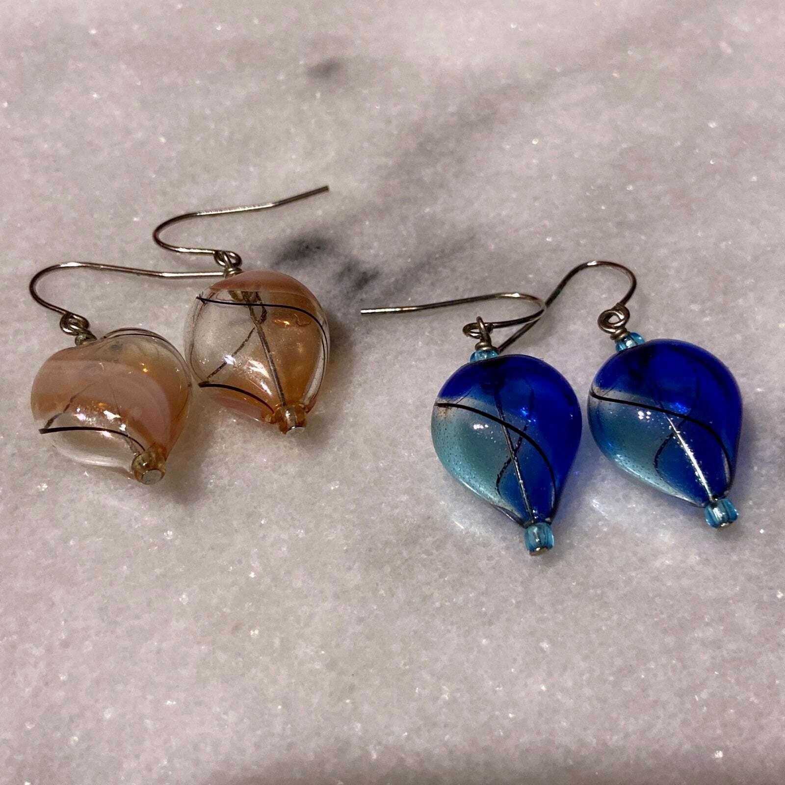 2 Pair Peach and Blue Hand Blown Heart Shape Glass Earrings