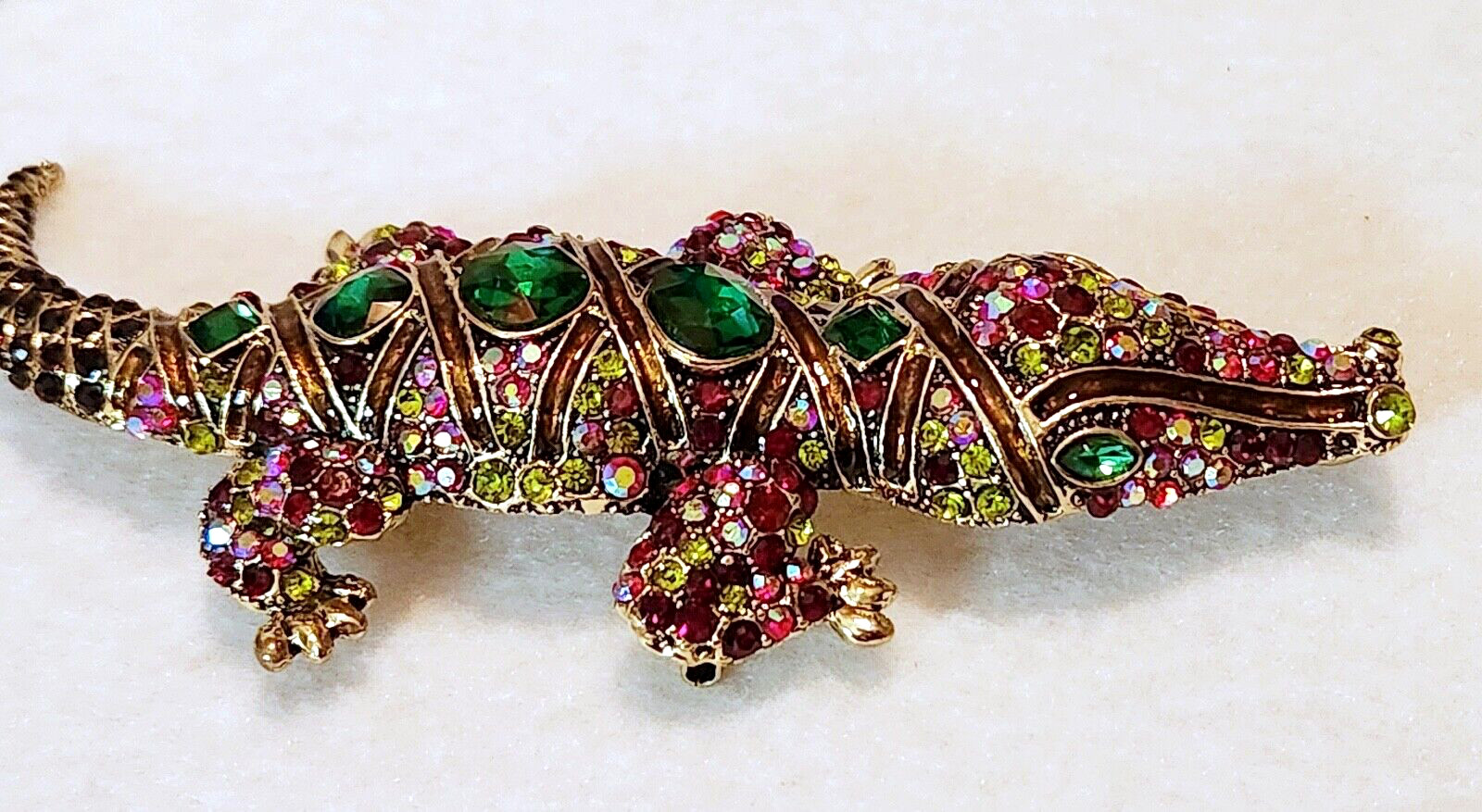 Giant & BEAUTIFUL RHINESTONE & ENAMEL Alligator /Crocodile BROOCH PIN 5.5″ x 2″