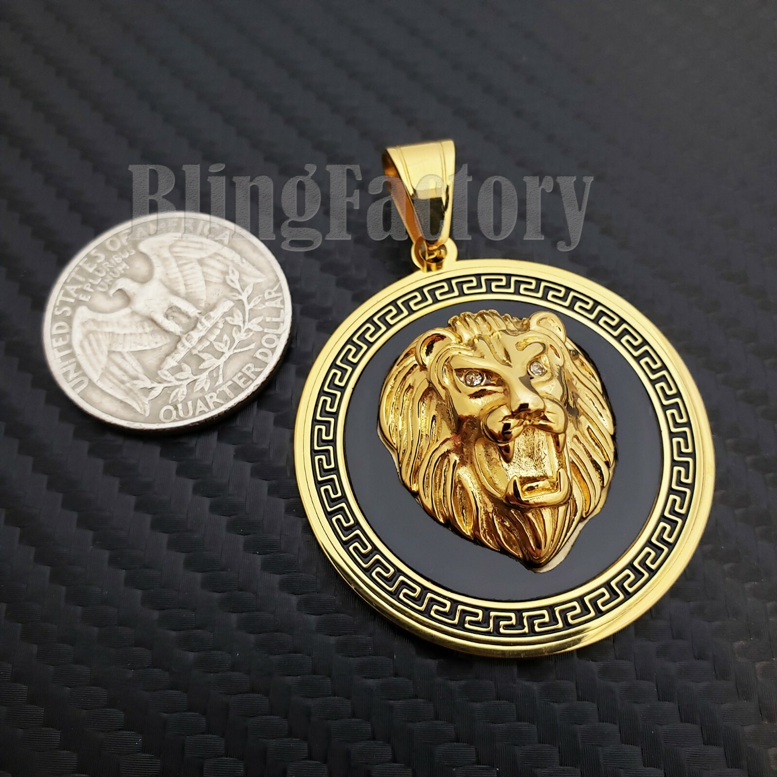 HIP HOP ICED BUST DOWN GOLD PT LION HEAD MEDALLION STAINLESS STEEL CHARM PENDANT