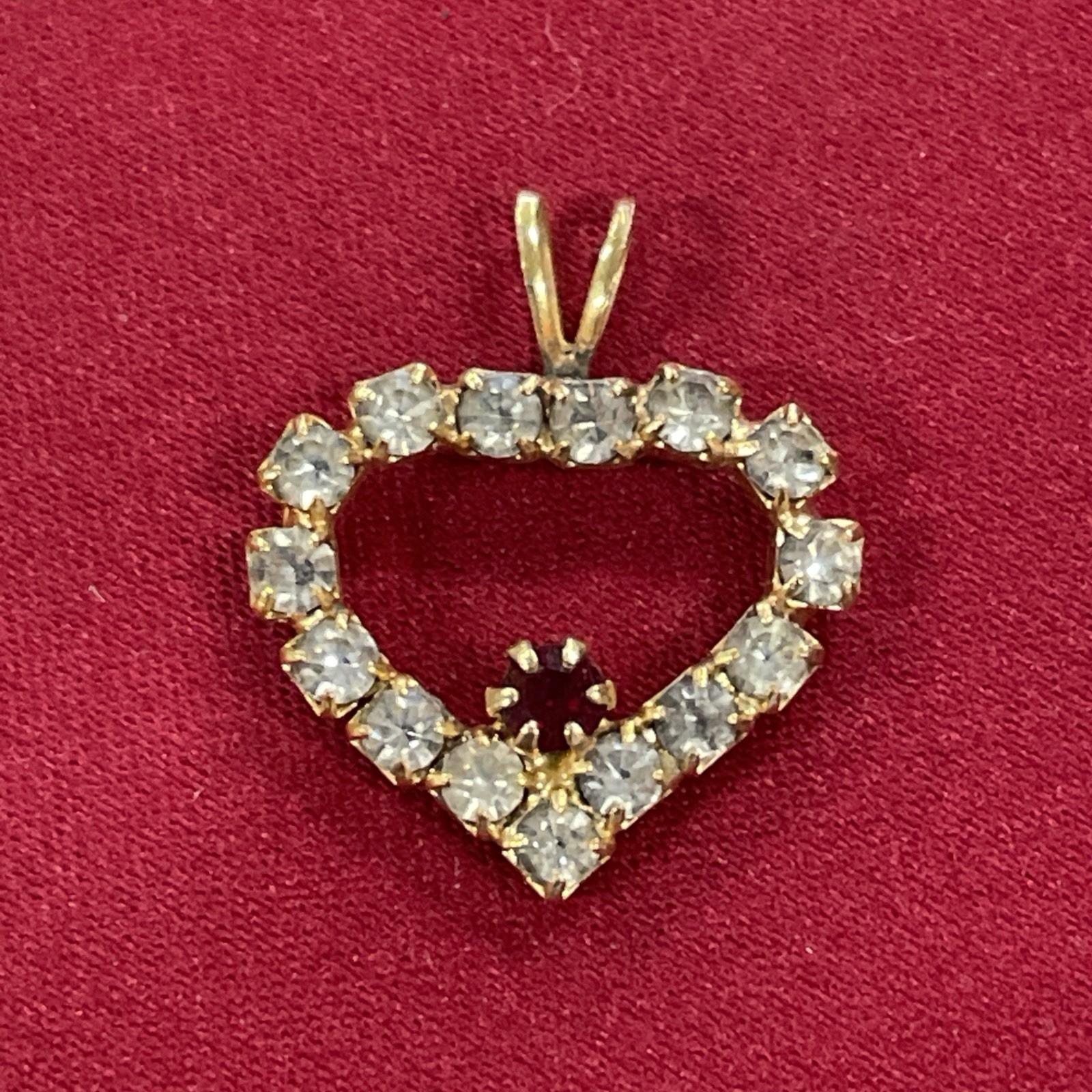 Vintage Gold Toned Red & White/Clear Rhinestone Open Heart Charm Pendant
