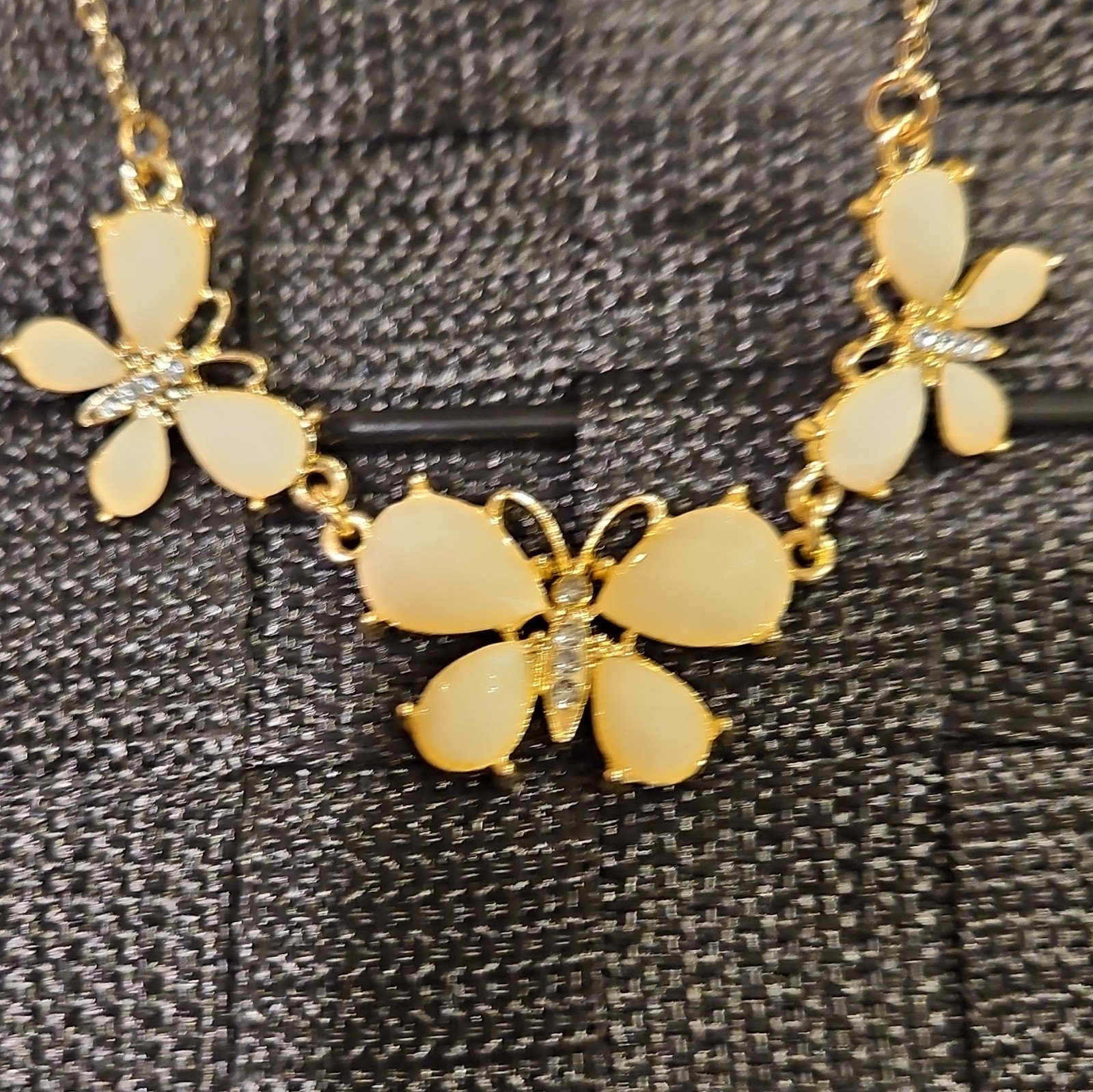 Gold Tone Butterfly Charm Pendant Necklace White Rhinestones, Lobster Clasp