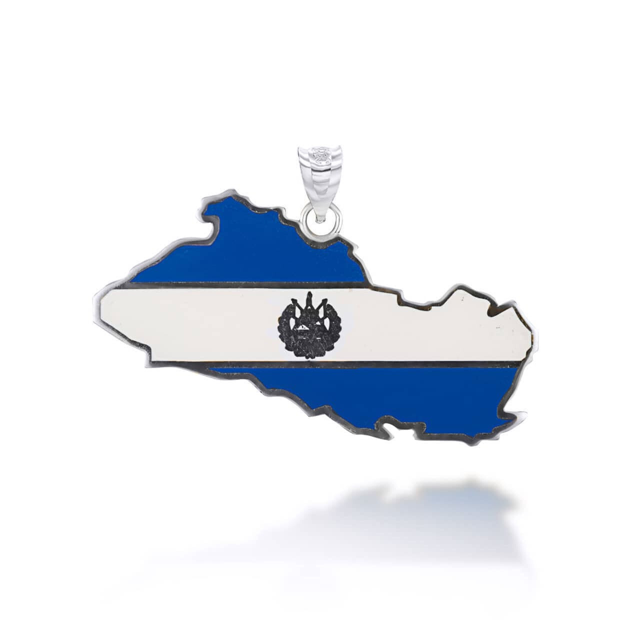 .925 Sterling Silver Map of El Salvador Country Flag Enamel Pendant Necklace