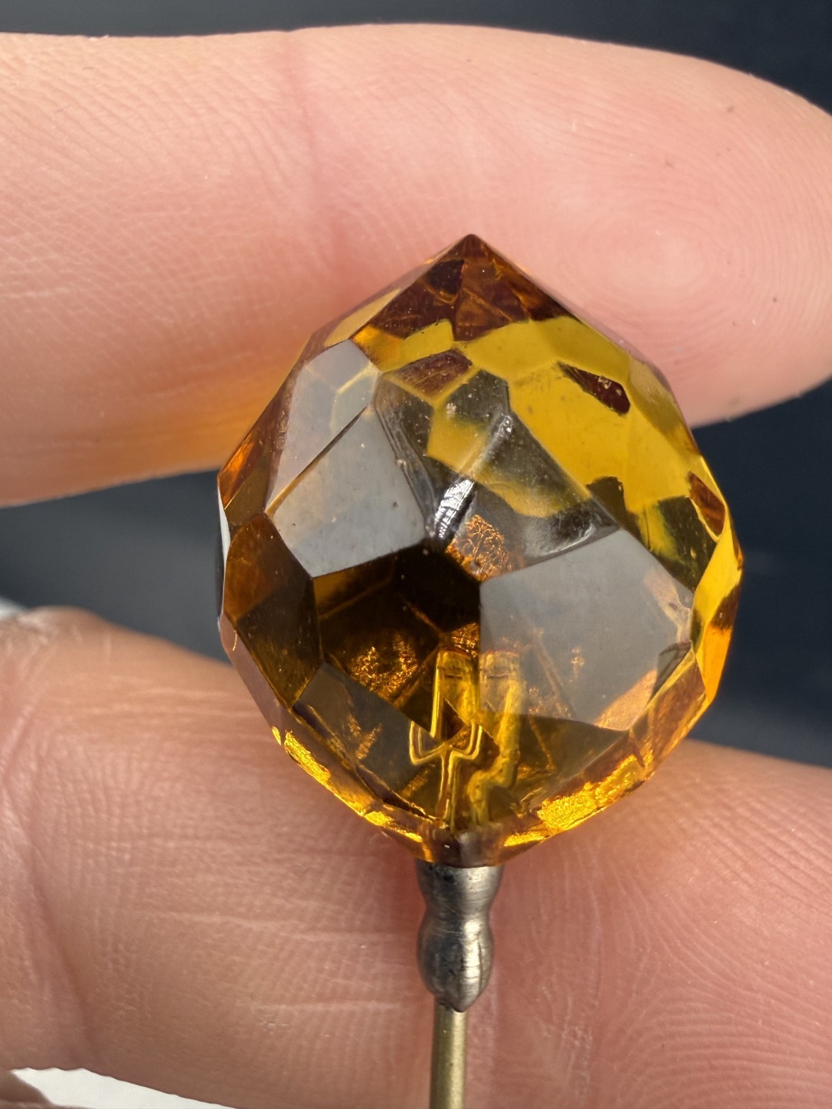 Vintage Stick Pin Faceted Orange Brown Glass Gold Tone