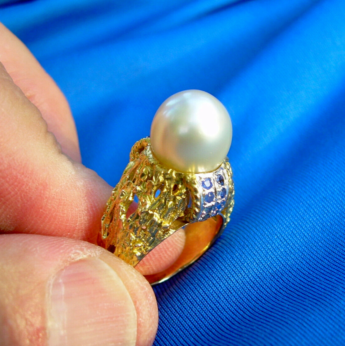 Original Pearl Sapphire Engagement Statement Ring Deco Cocktail Style 14K GOLD