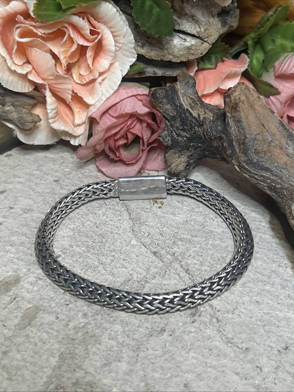 55. Vintage M727 mark 925 Sterling Mesh Woven Triangle cut Bracelet 7 1/2″, 29g