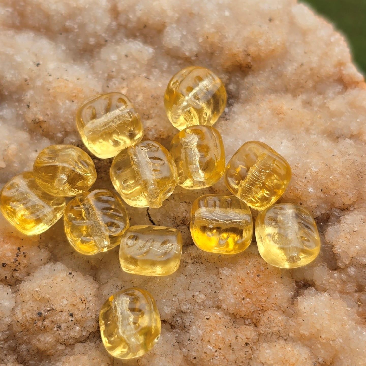 Pale Yellow Textured Square Old Vintage Molded German Glass Beads 6mm 12pc