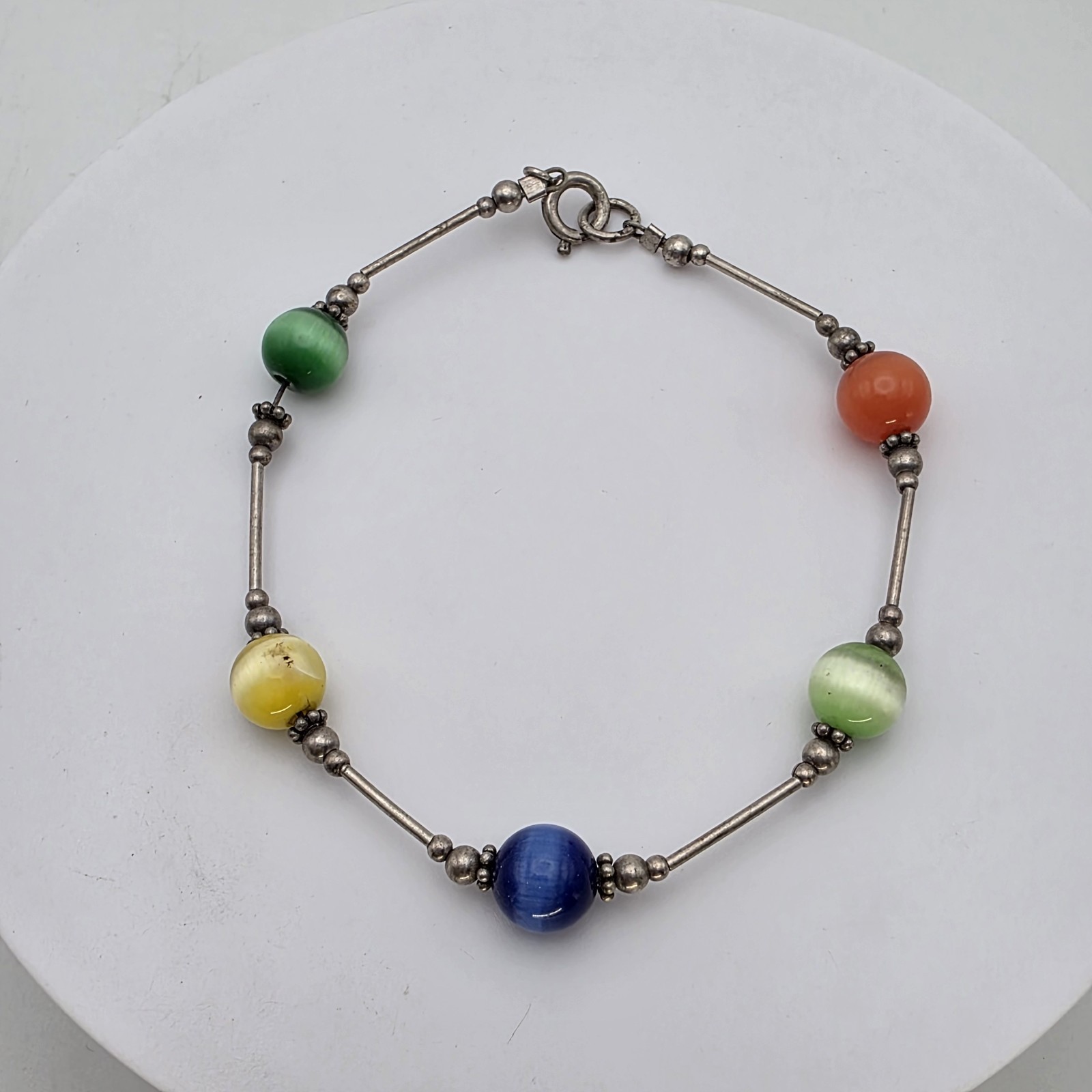 Vtg New Zealand Cat’s Eye Bracelet Chalcedony Bead 925 Sterling Silver Tube Link