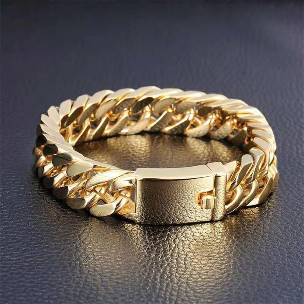 MENDEL Mens 12mm Stainless Steel Gold Plated Miami Cuban Link Bracelet Men